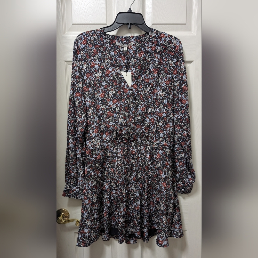 NWT Veronica Beard Naomi Floral Silk Dress Black Multi Size 12 V Neck Shirt